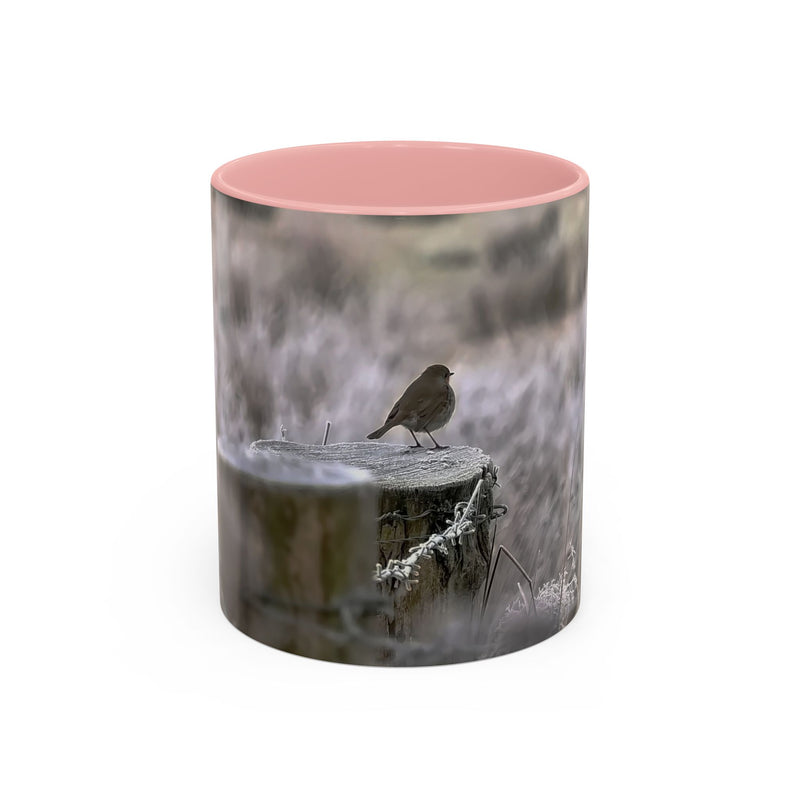 11oz mug featuring a robin nature print with a Pink handle and interior.