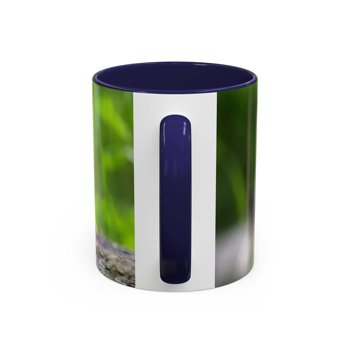 Cozy 325ml coal tit photography mug designed with a navy handle and navy inside.