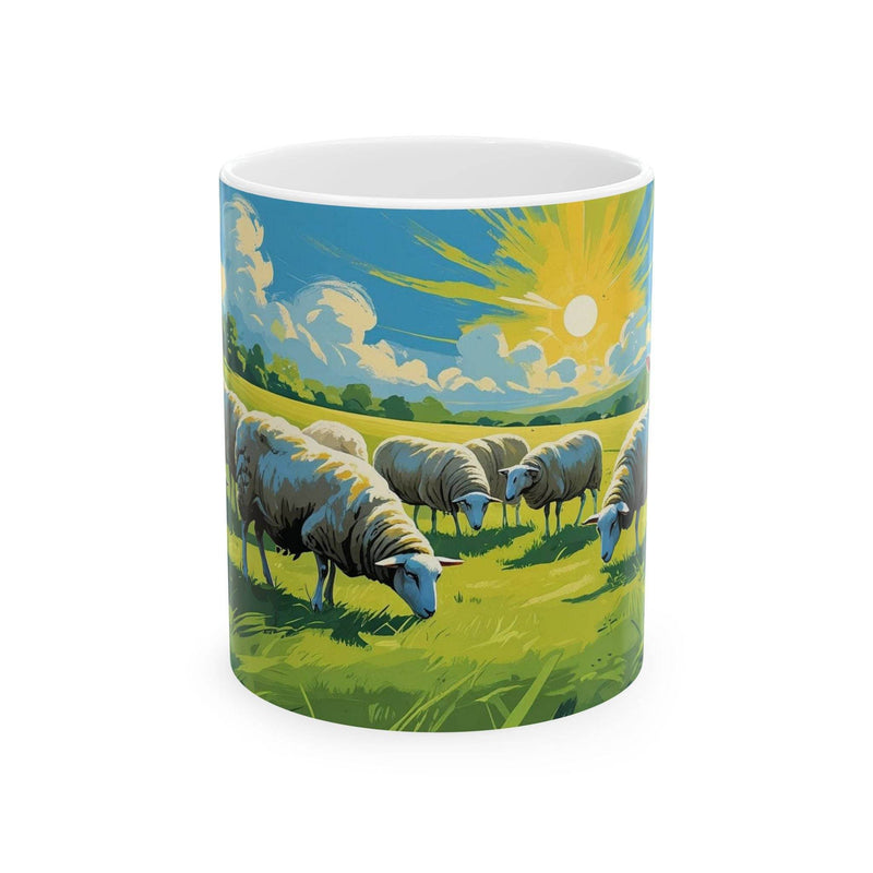 Rustic 11oz countryside Mug - Grazing Sheep Coffee Mug standing beautifully next to fresh green indoor plants.