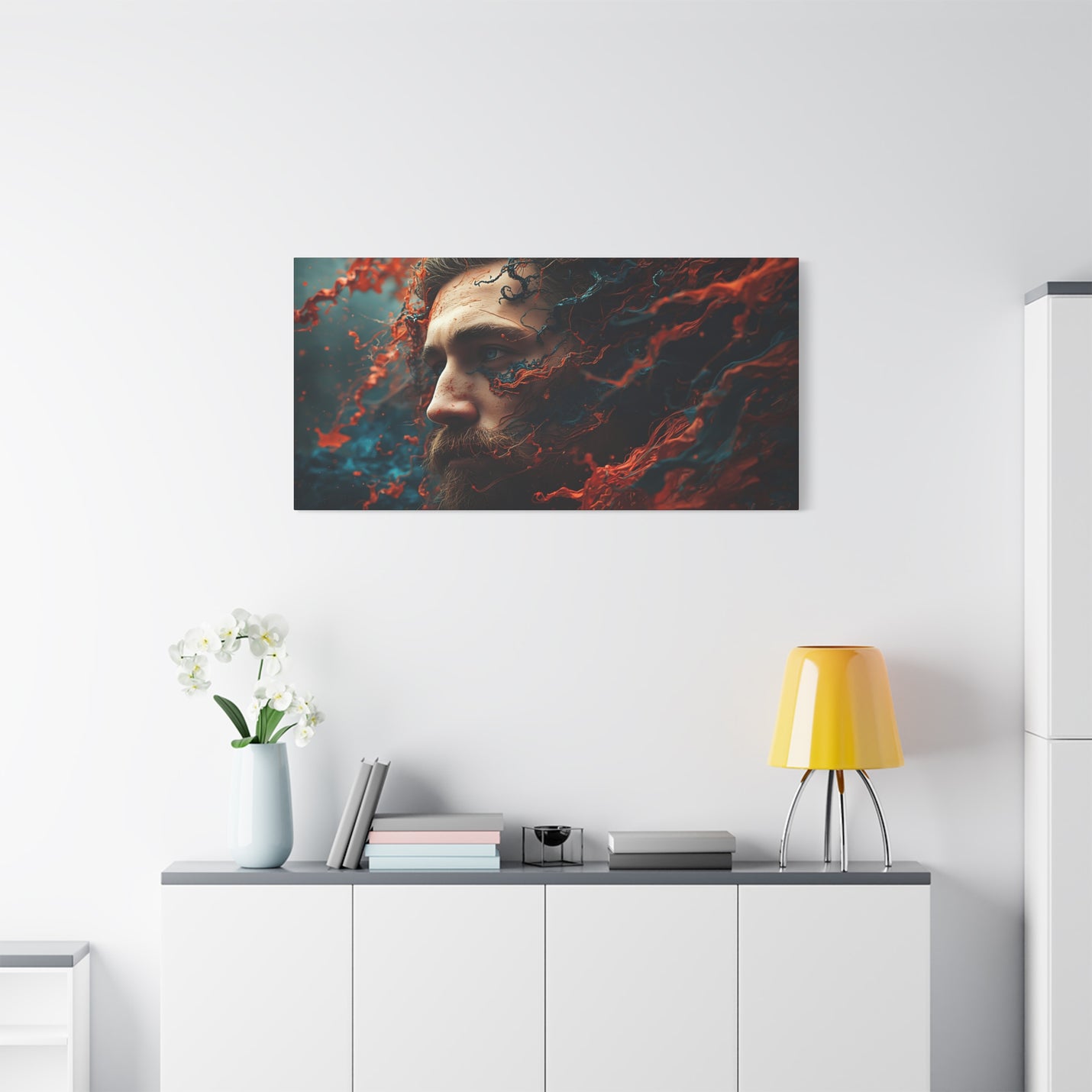 Cinematic ocean god canvas art, size 48″ x 24″ | 121.92 cm x 60.96 cm, Depth 1.25″ | 3.18 cm, featuring rich red and blue pigments.