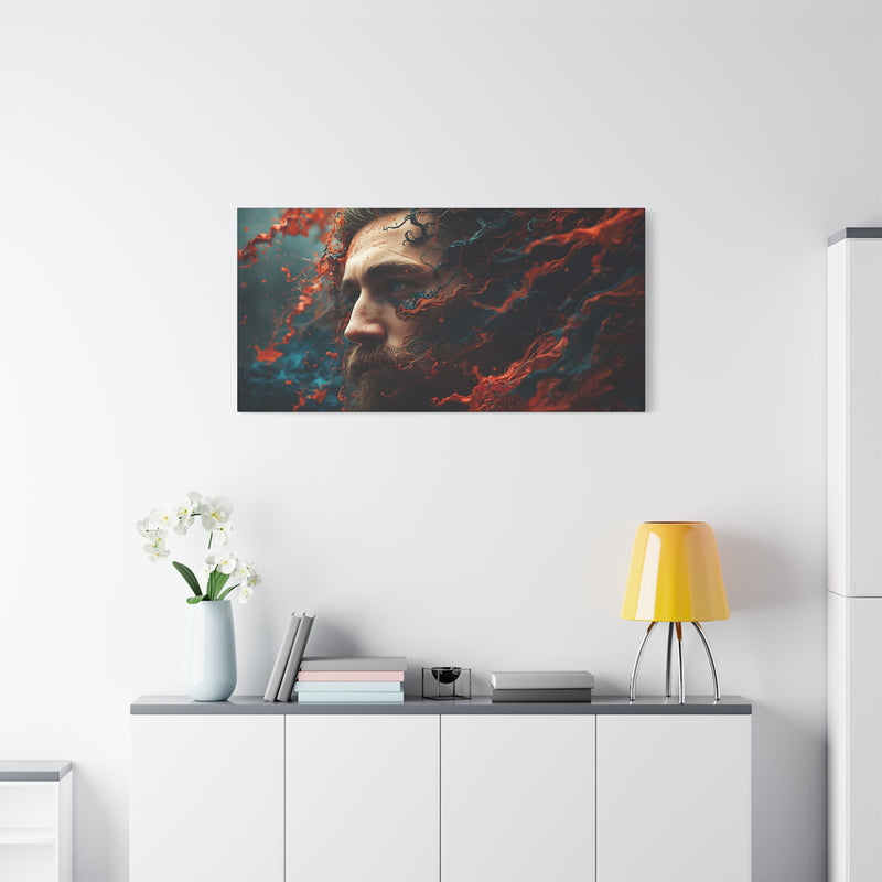 Cinematic ocean god canvas art, size 48″ x 24″ | 121.92 cm x 60.96 cm, Depth 1.25″ | 3.18 cm, featuring rich red and blue pigments.