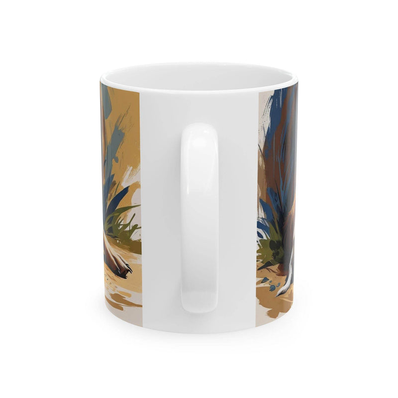 Heartwarming 11oz Mug - Dog with Puppies Ceramic Coffee Mug standing beautifully next to fresh green botanical plants.