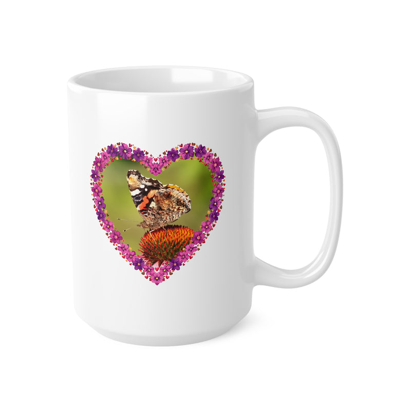 Floral nature 440ml coffee cup with an ORCA coating showing a pink and purple heart flower frame and butterfly design.