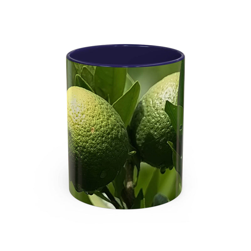 Vibrant 11oz Fruit Mug with a navy handle and navy inside placed on a rustic shelf surface.