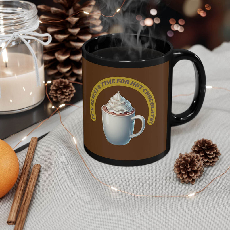 Charming 11oz timeless Mug - It's always time for hot chocolate - Black placed neatly on a rustic wooden dining tray.