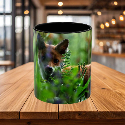 Wildlife Fox Ceramic Mug featuring a detailed fox illustration amidst forest elements; perfect for nature lovers.