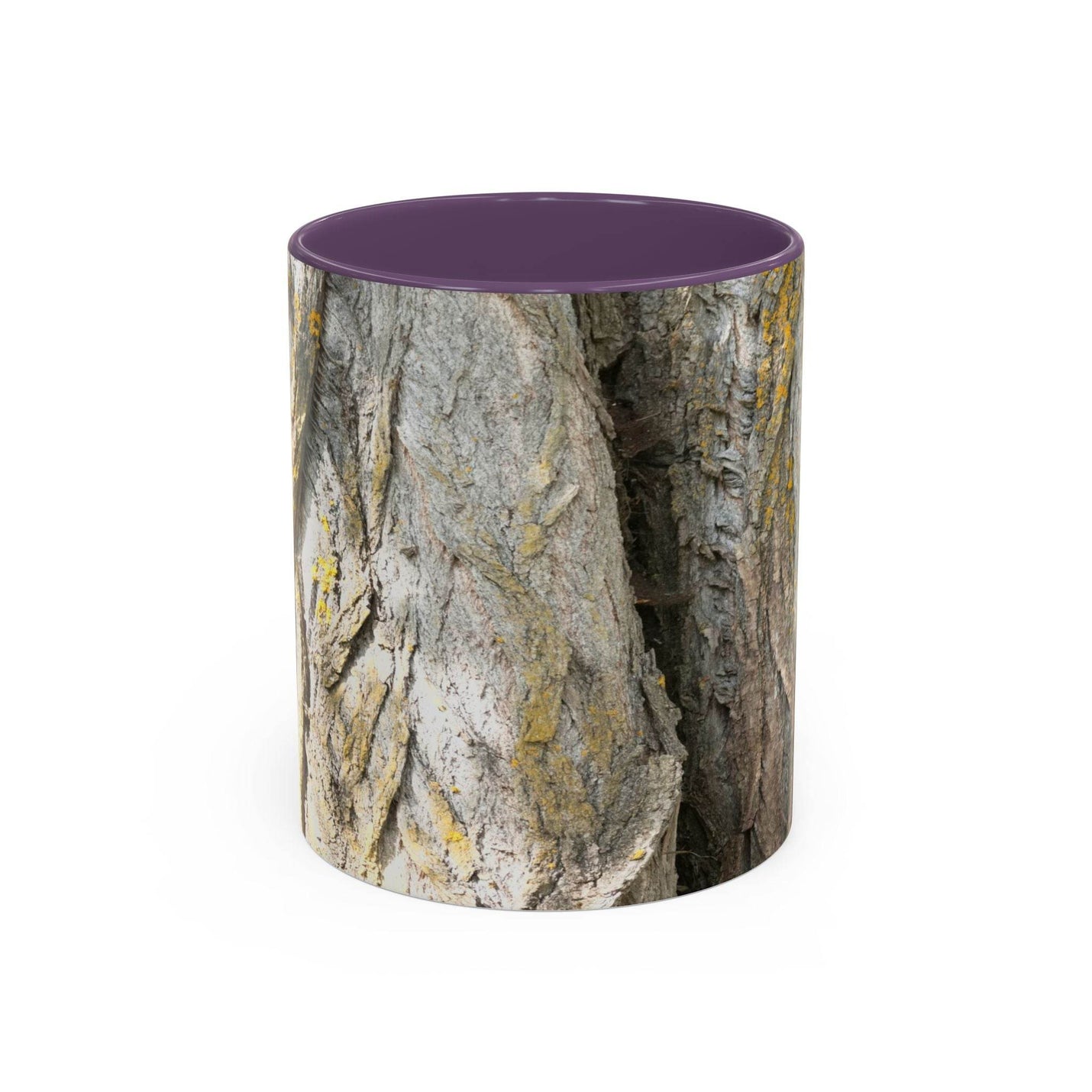 Cozy 11oz Coffee Mug - Tree Trunk Design showing the purple handle and purple inside near crystals.