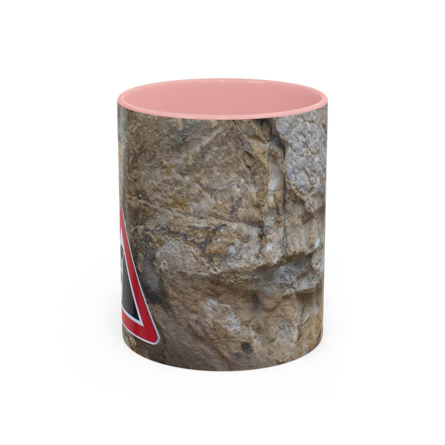 Robuster 325ml felsiger Keramik-Becher mit Achtung Steinschlag Schild, gestaltet mit rosa Henkel und rosa Innenseite.