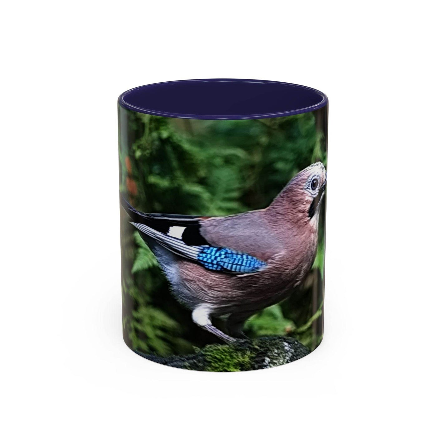 11oz colorful jay coffee mug with a navy handle and navy inside.