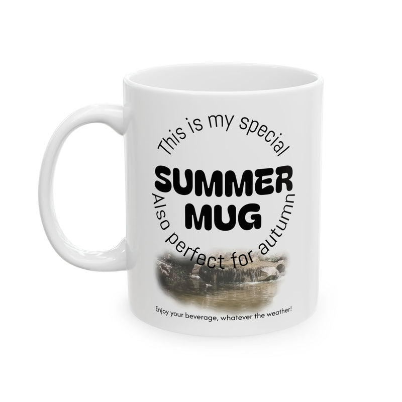 Playful 11oz Summer | Winter Mug, Ceramic Coffee Mug with scenic seasonal illustrations on a modern wooden kitchen counter.
