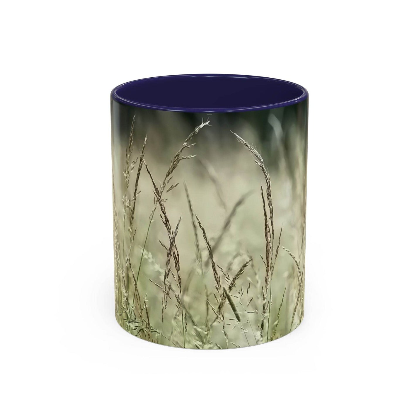 Detailed 11oz Mug, Flowering Grass - Bring Nature Inside showing the navy handle and navy inside near garden decor.