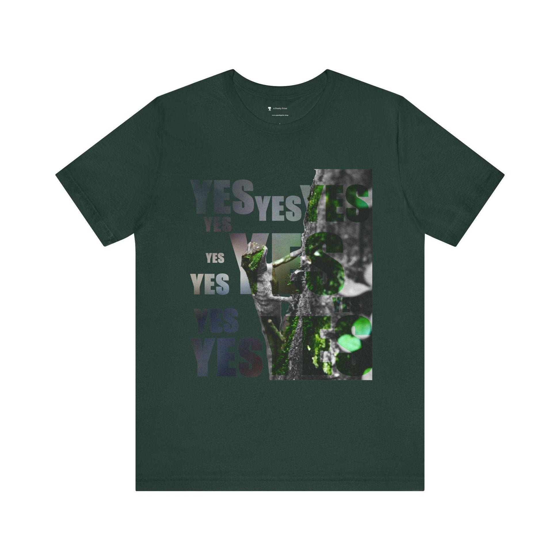 Diploderma Nature Print Unisex Tee with "Yes" graphic on earthy green fabric.