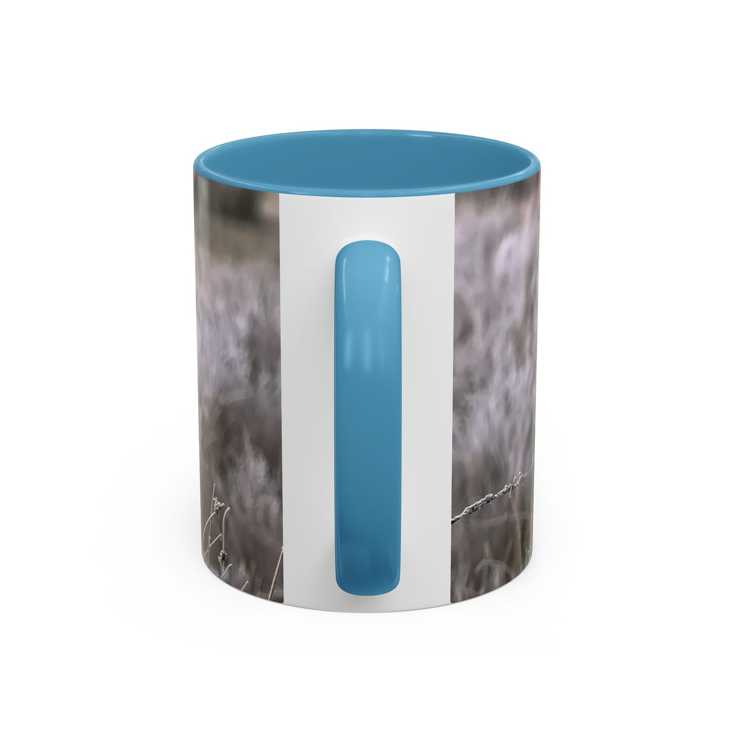 Nature photography gift: 11oz robin print mug with Light Blue handle and interior.