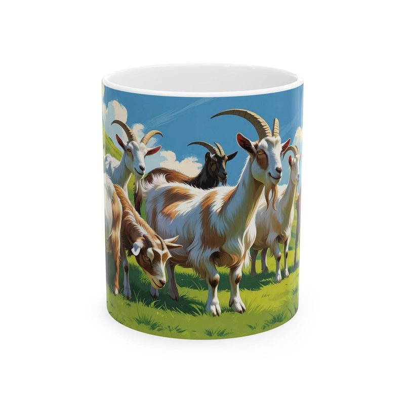 Premium alpine themed 11oz Mug - Goats on a Mountain Pasture, Ceramic Coffee Mug standing beautifully next to green indoor plants.