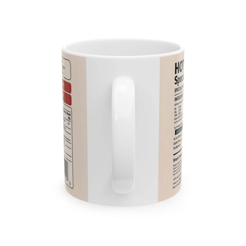 Cozy morning scene with a 11oz organic style coffee mug showcasing the Hot Coffee Special Flavour print near a window.