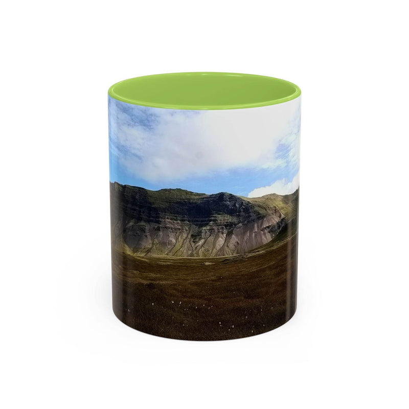 Kaffeebecher aus Keramik, 325 ml, mit hellgrünem Henkel und hellgrüner Innenseite, bedruckt mit einer Islandlandschaft.