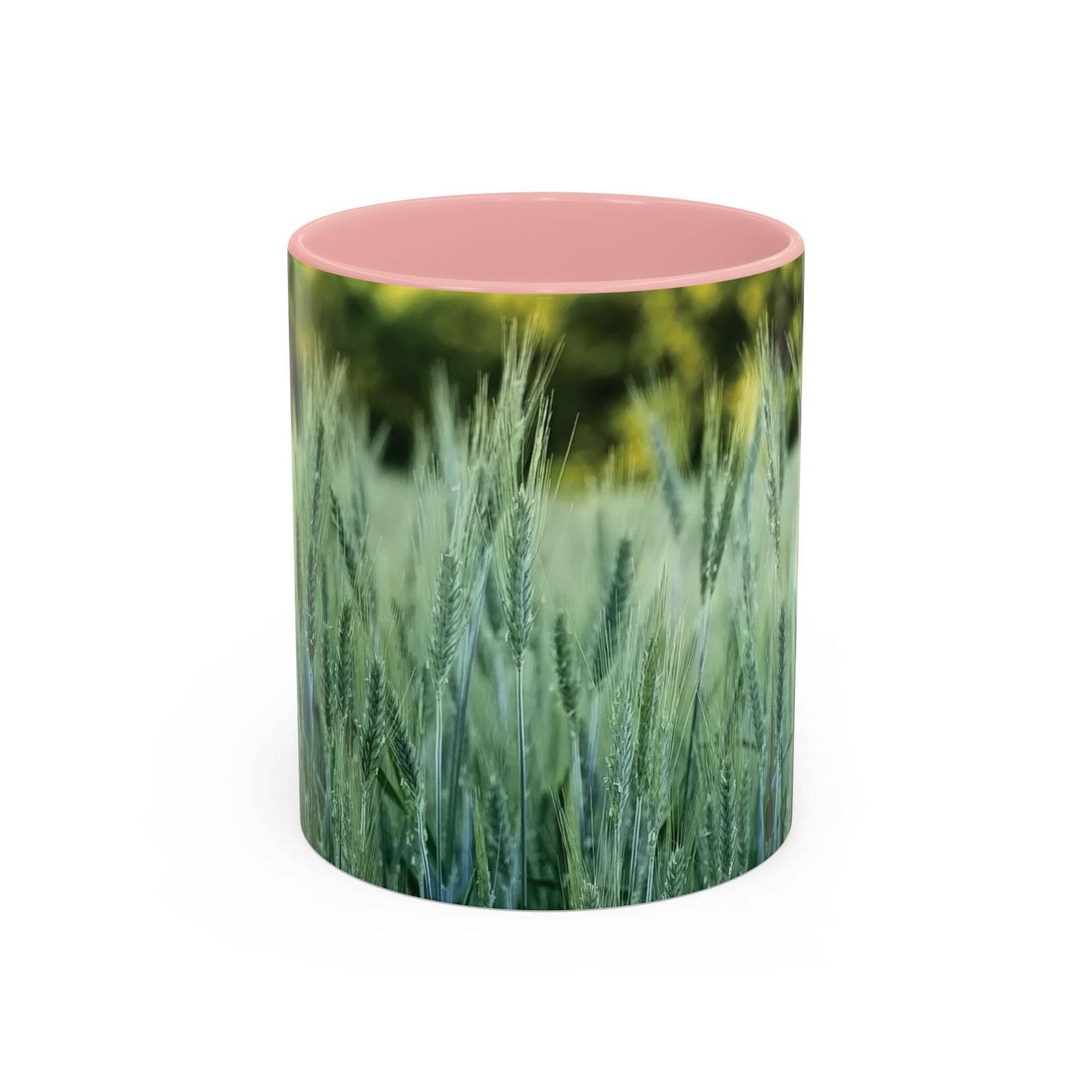 Schöner 325ml Natur-Becher mit Weizenfeld-Druck, gestaltet mit einem hübschen rosa Henkel und rosa Innenseite.