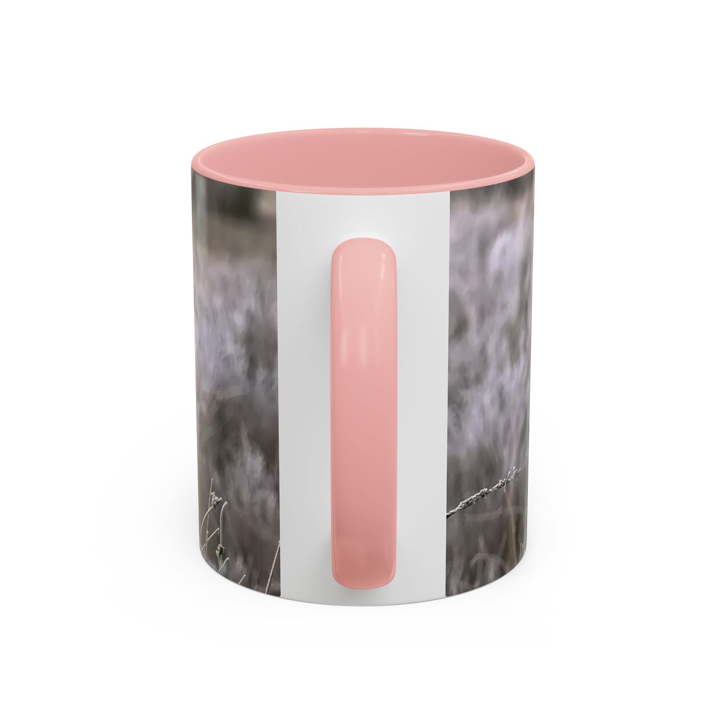 Nature photography gift: 11oz robin print mug with Pink handle and interior.