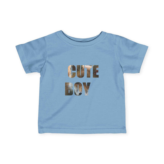 Blue Infant Tee with "Cute Boy" text, soft cotton, ideal baby gift.