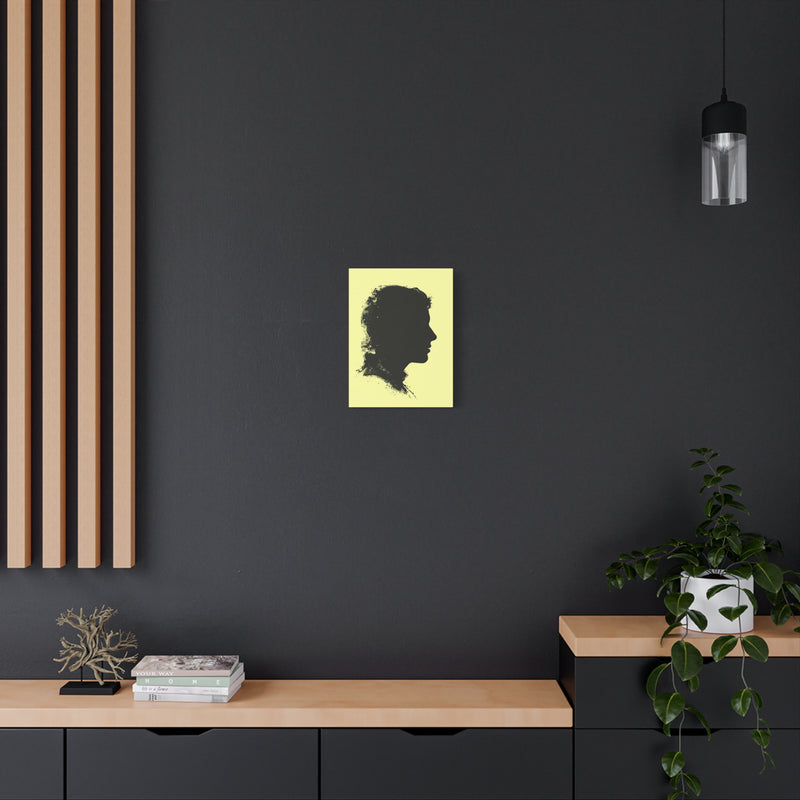 Silhouette Portrait Canvas Print — Vintage Black Profile on Soft Yellow Matte