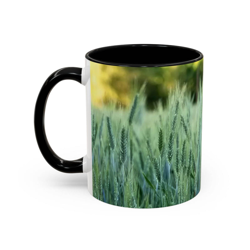 Nature inspired 11oz Mug - Wheat Field Design Coffee Mug with a black handle and black inside on a rustic wood surface.