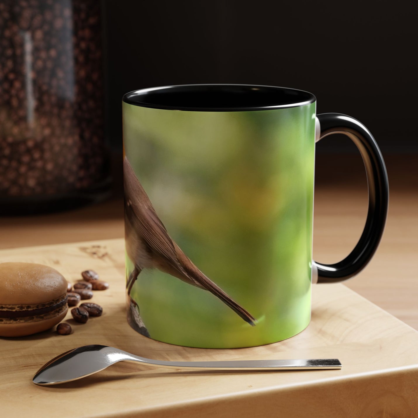 Stately Robin Ceramic Mug 325ml with Black handle and interior — premium ceramic mug with robin print.