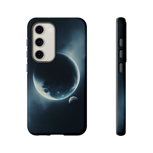 Space-themed phone case with Planet Earth and Moon design, durable and impact-resistant.