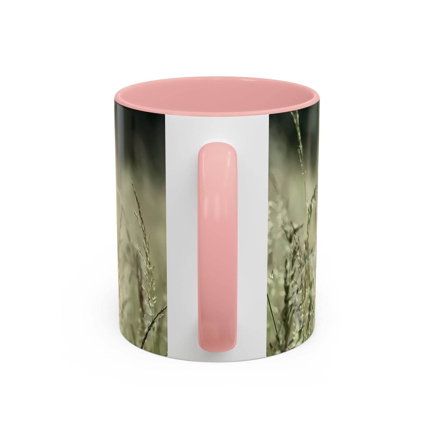 Premium 11oz Mug, Flowering Grass - Bring Nature Inside for teatime, featuring a pink handle and pink inside.