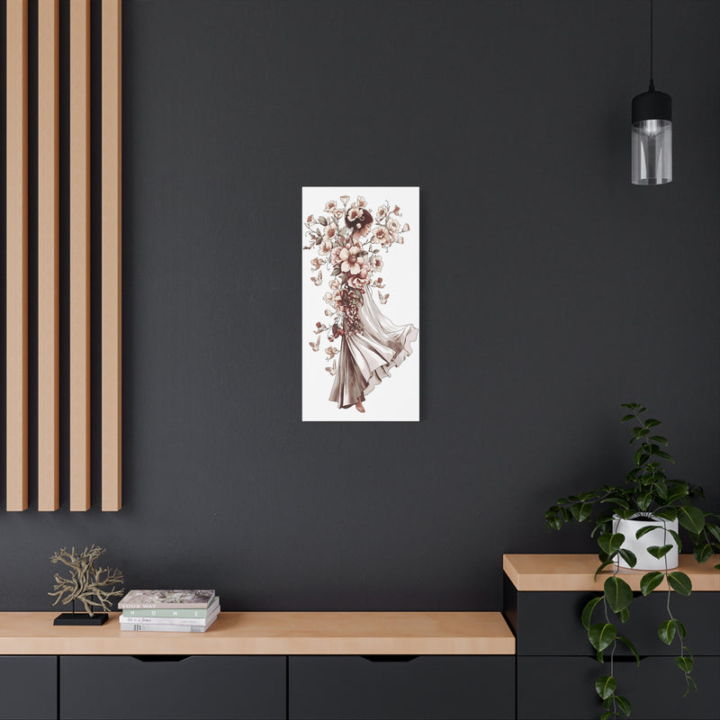 Blossoms and butterflies art on a 15″ x 30″ | 38.10 cm x 76.20 cm matte canvas print, Depth 1.25″ | 3.18 cm.