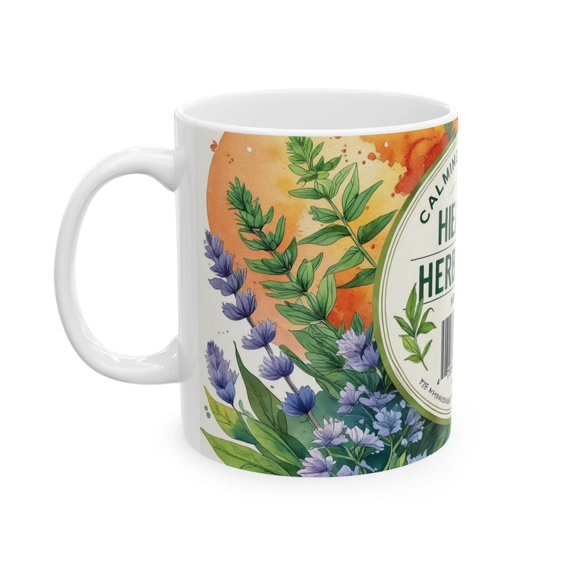 Vibrant 11oz ceramic Mug - Healthy Herbal Tea featuring a colorful design on a modern wooden kitchen counter.