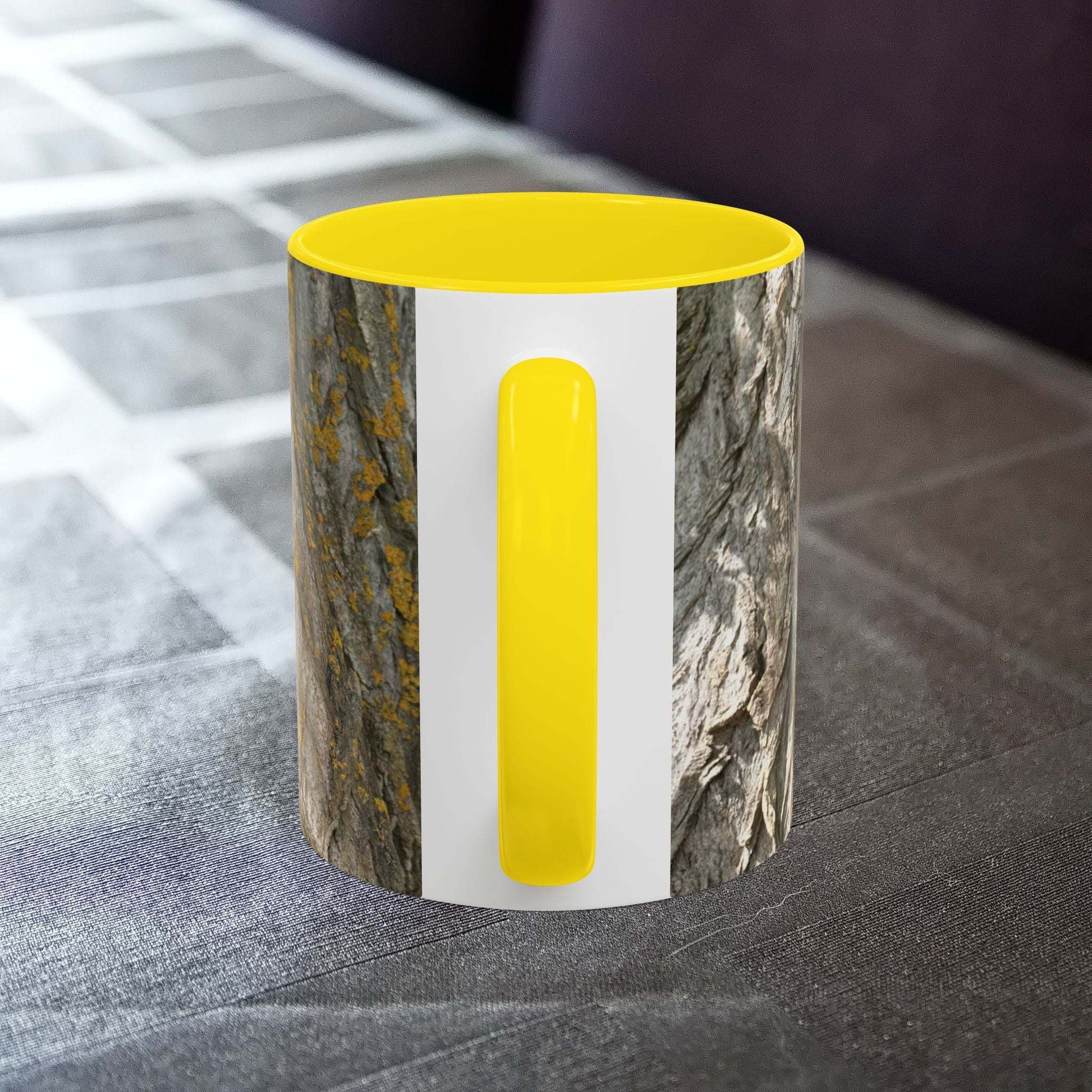 Tree trunk design coffee mug on table, perfect for nature lovers and rustic decor.