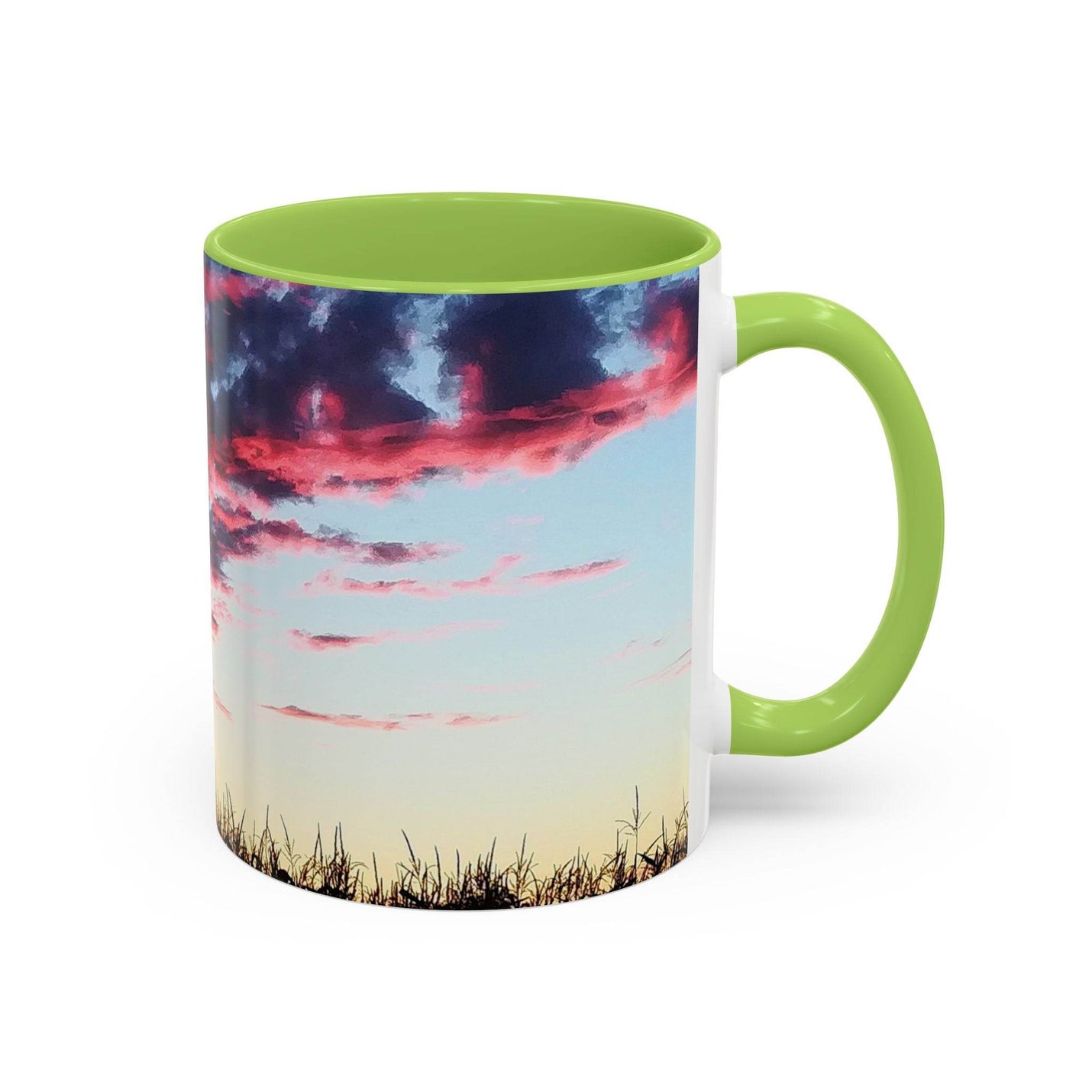 Lebendiger 325ml Sonnenuntergang Keramik-Becher, ideal fürs Homeoffice, mit hellgrünem Henkel und hellgrüner Innenseite.
