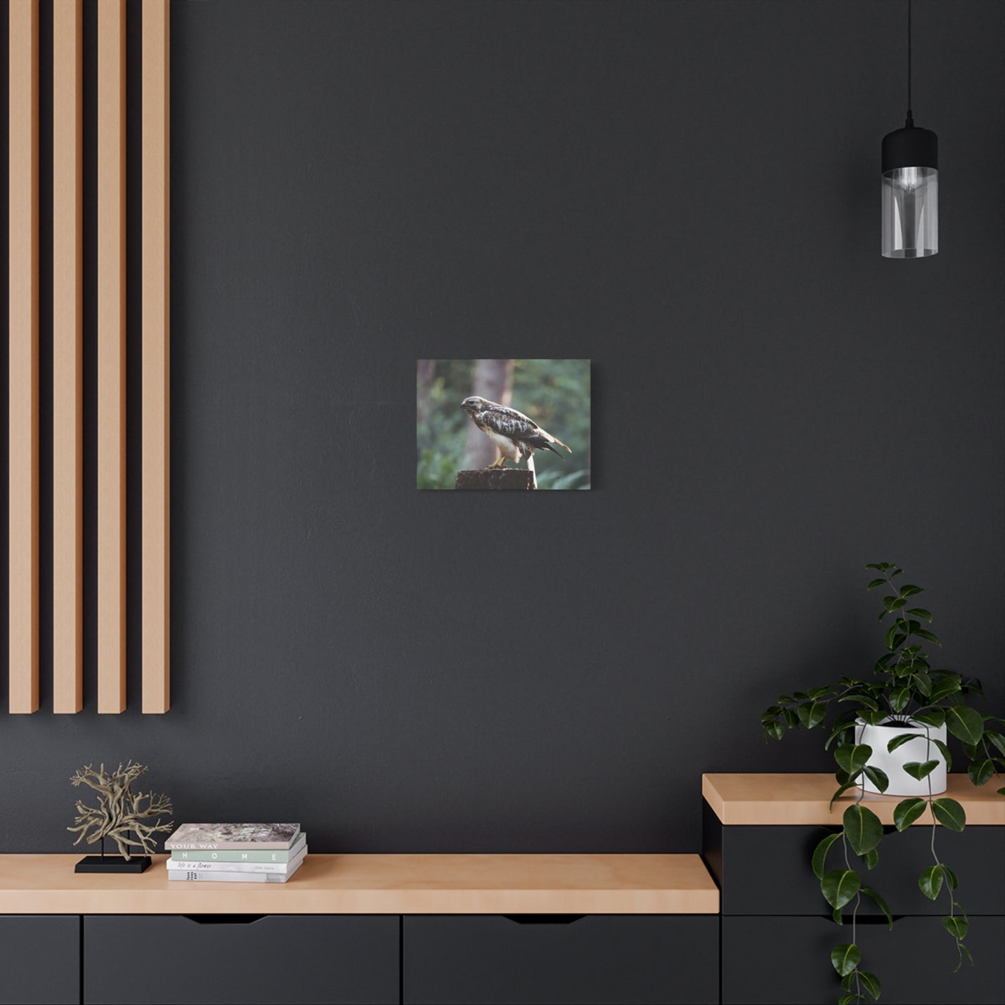 Contemplative 16″ x 12″ | 40.64 cm x 30.48 cm forest bird photography wall art on 1.25″ | 3.18 cm deep matte canvas.