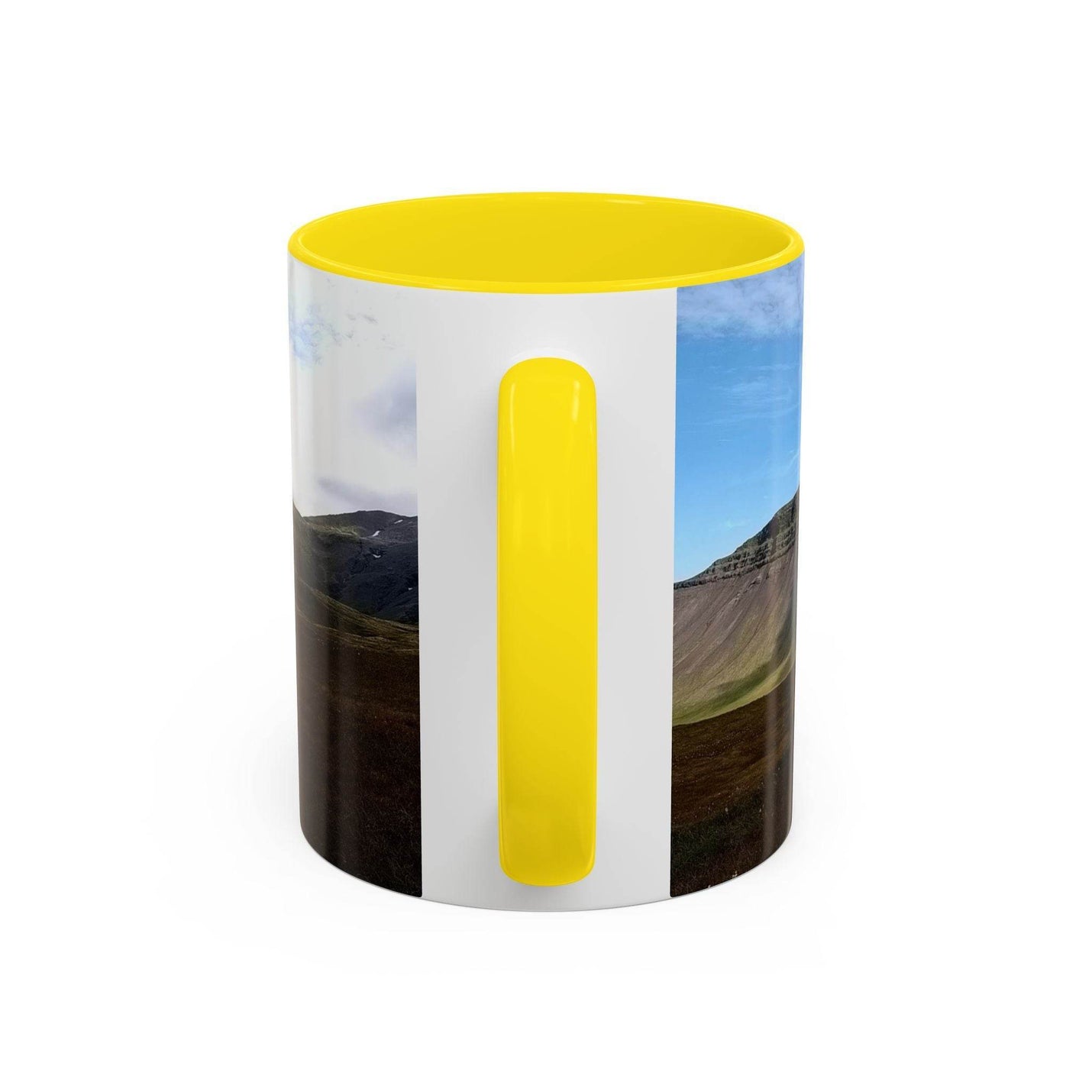 Keramikbecher 325 ml mit malerischer Islandlandschaft, aufgewertet durch einen gelben Henkel und gelber Innenseite.