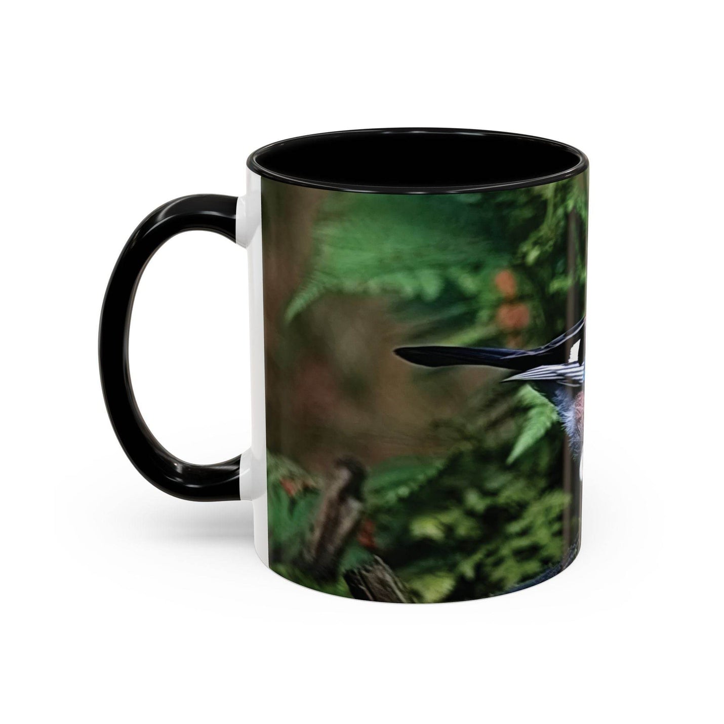 Vogelliebhaber Becher 325ml mit buntem Eichelhäher und schwarzem Griff.