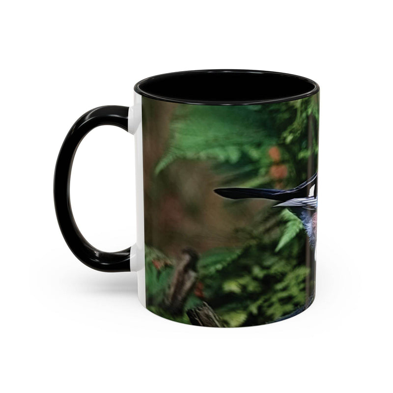 Vogelliebhaber Becher 325ml mit buntem Eichelhäher und schwarzem Griff.