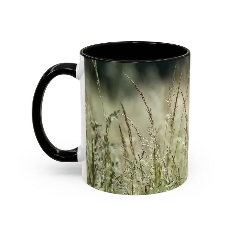 Botanical 11oz Mug, Flowering Grass - Bring Nature Inside with a black handle and black inside on a wooden kitchen counter.