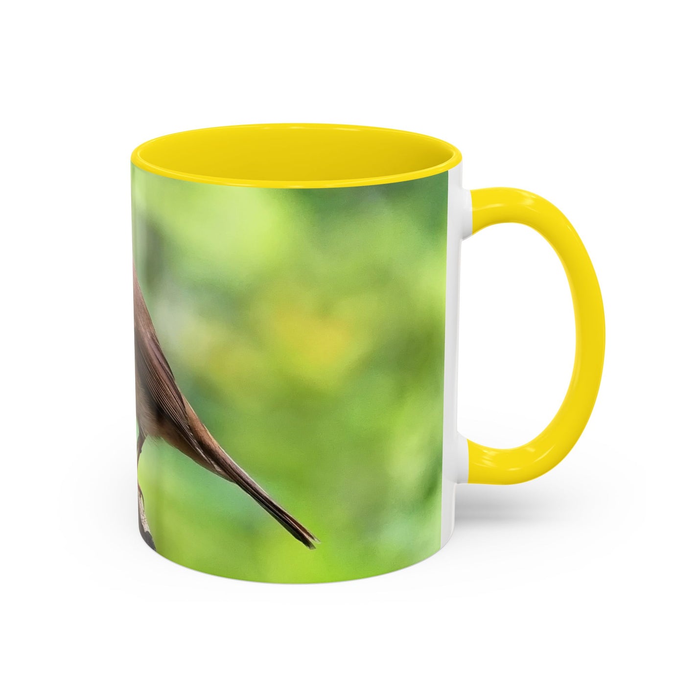 Stately Robin Ceramic Mug 325ml with Yellow handle and interior — cheerful bird portrait on yellow mug.