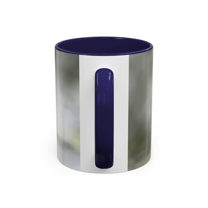 Vibrant 325ml ceramic dragonfly accent coffee mug showcasing a contrasting navy handle and matching navy inside color.