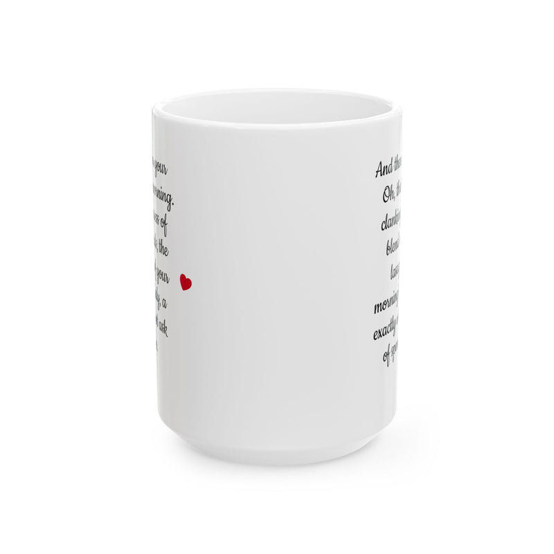 Premium 15oz Romantic Love Letter Mug Ceramic Coffee Cup held by hand during a weekend slow-brew session.