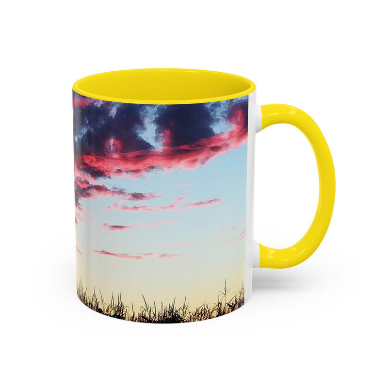 Premium 11oz nature inspired Sunset Accent Coffee Mug showing its yellow handle and yellow inside in a kitchen.