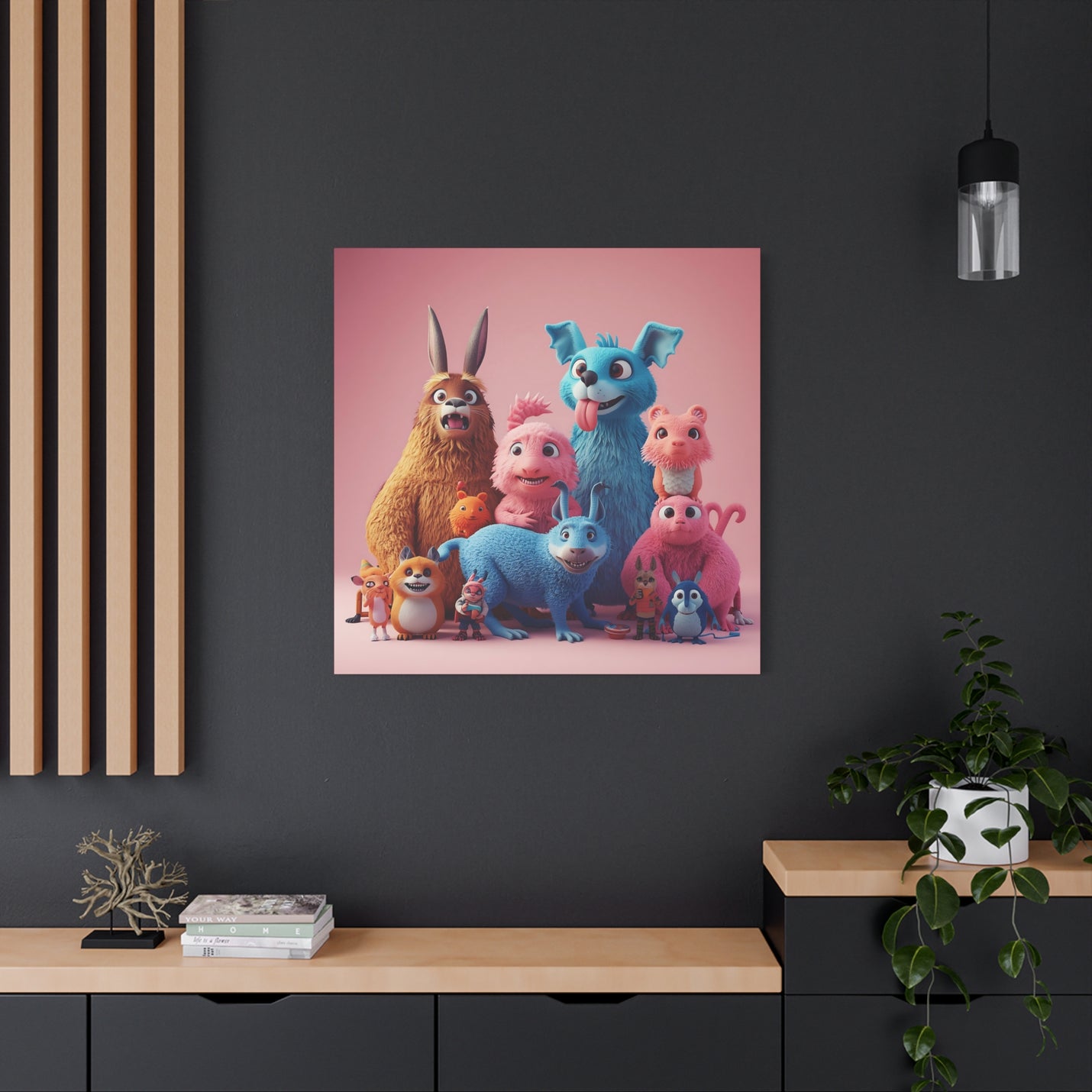 Vibrant 36″ x 36″ | 91.44 cm x 91.44 cm creature illustration canvas print with a 1.25″ | 3.18 cm profile.