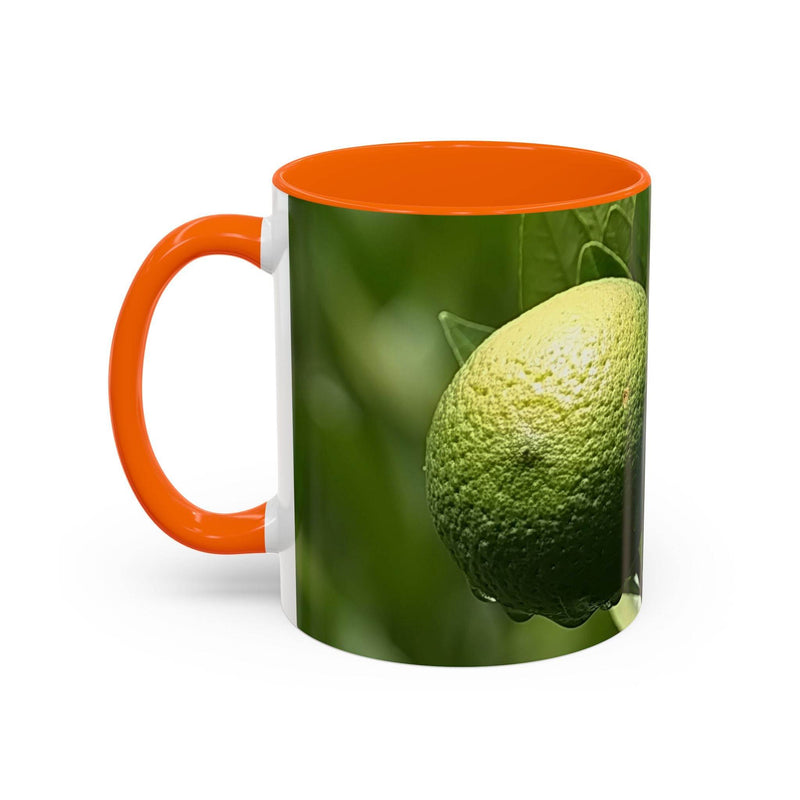 Cozy lifestyle view of a 11oz Fruit Mug styled with an orange handle and orange inside for an energetic morning.