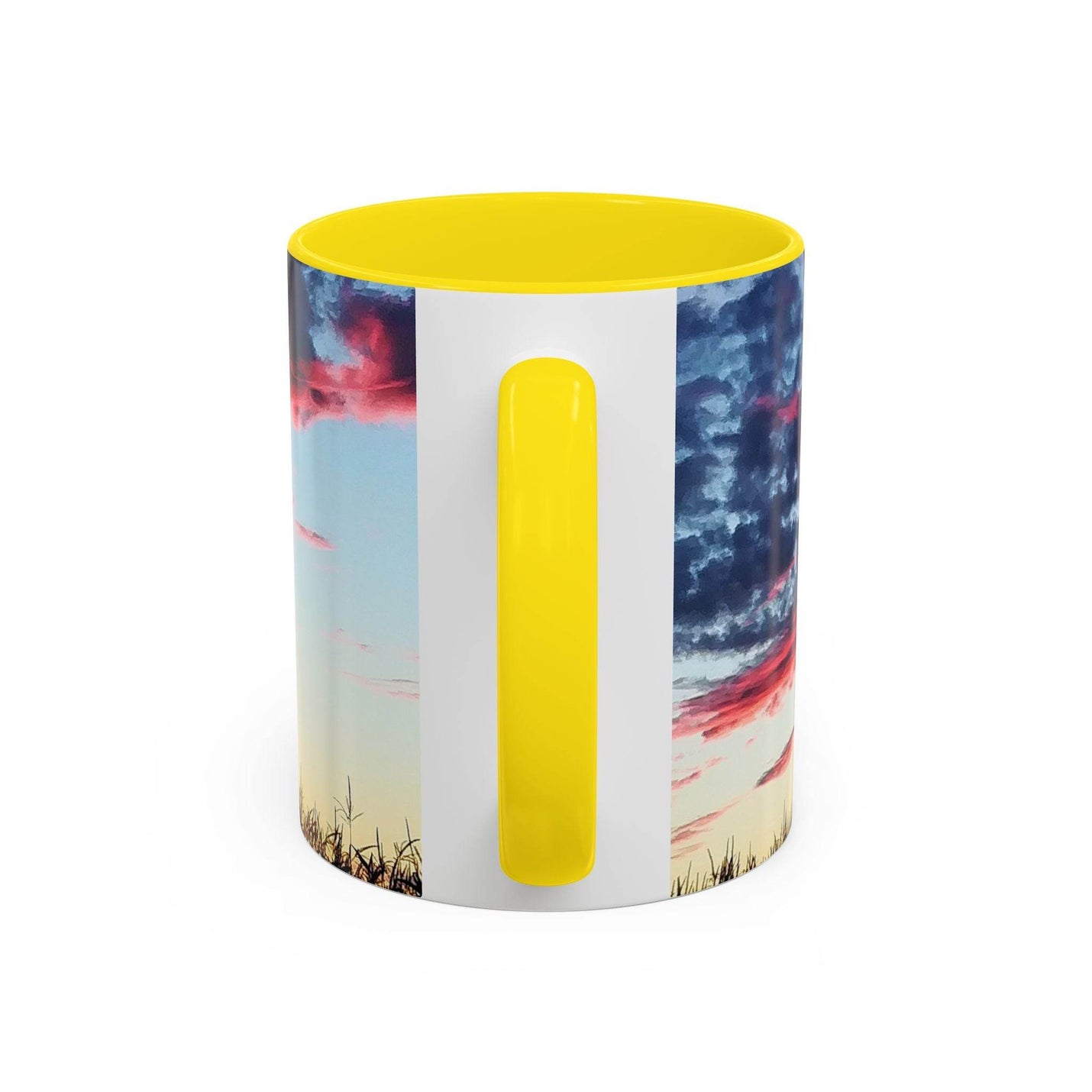 Vibrant 11oz Sunset Accent Coffee Mug for home office decor, featuring a yellow handle and inside on a board.