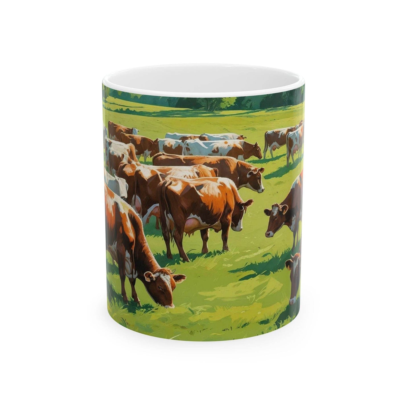 Rustic 11oz countryside Mug - Grazing Cows Ceramic Coffee Mug standing right next to green botanical plants.