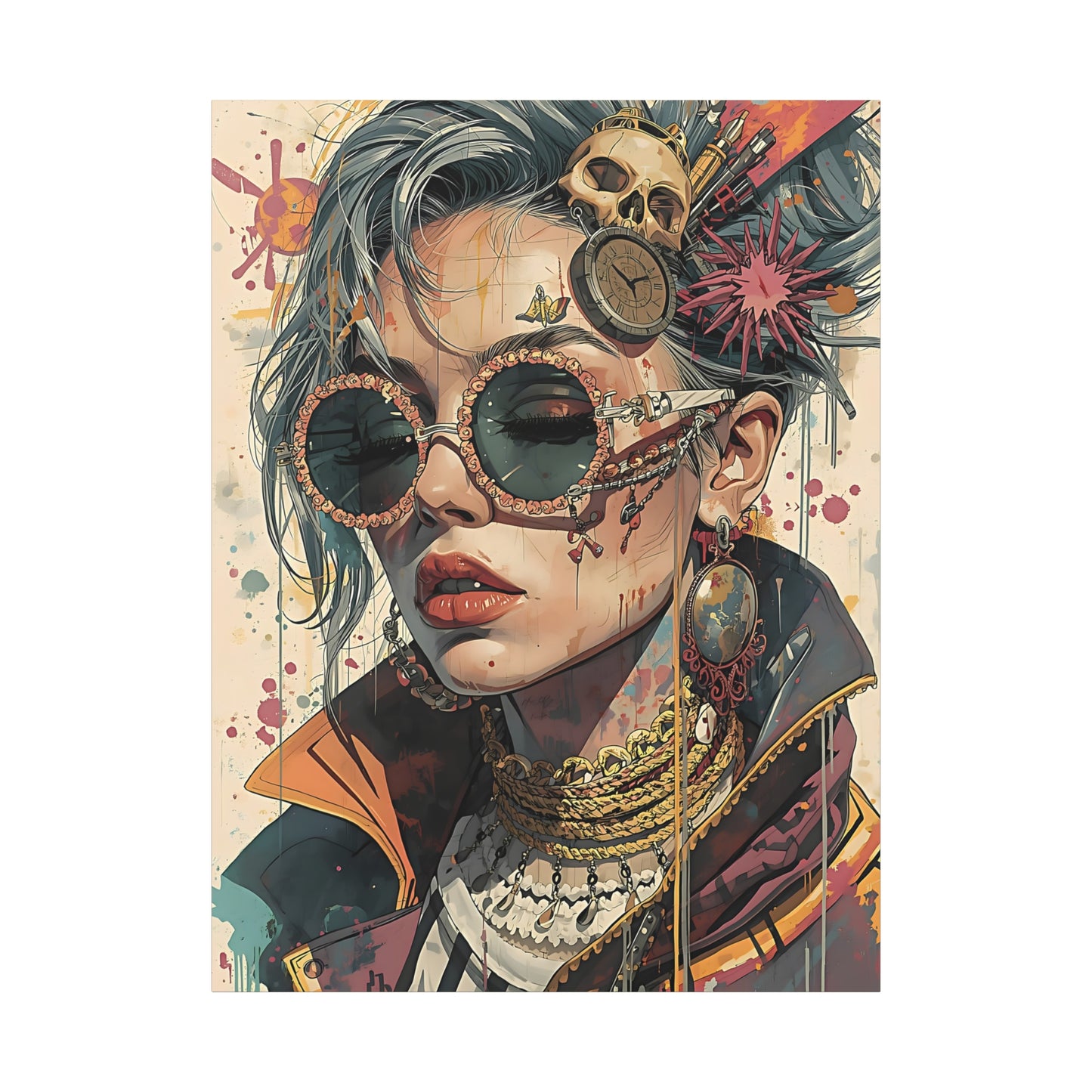 Steampunk Portrait Matte Canvas Art – Edgy Sunglassed Woman Wall Decor