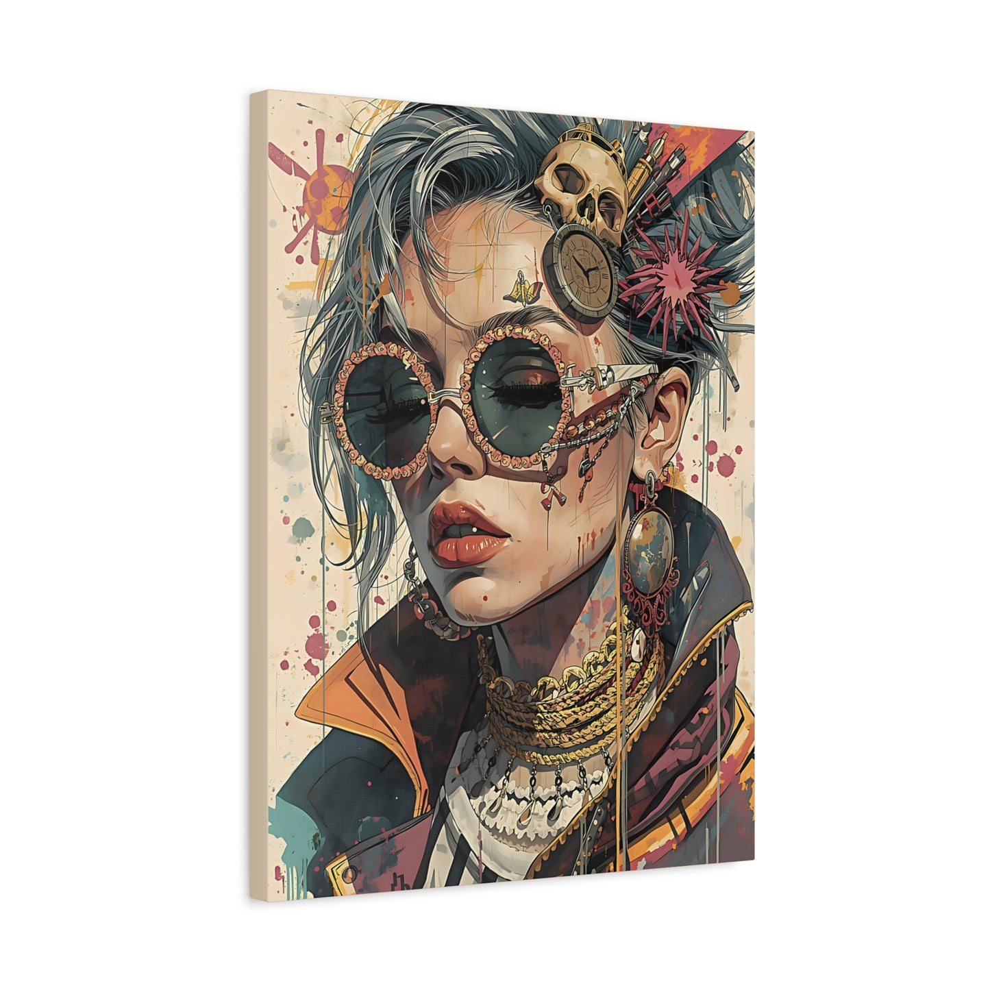 Steampunk Portrait Matte Canvas Art – Edgy Sunglassed Woman Wall Decor