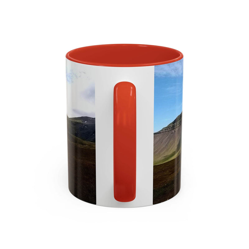 Modern 11oz Coffee Mug - Iceland Scenery in a kitchen, featuring a red handle and red inside.