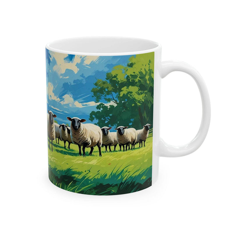 Premium 11oz animal themed Mug - Curious Sheep - Ceramic Coffee Mug filled with warm morning tea on a dining table.