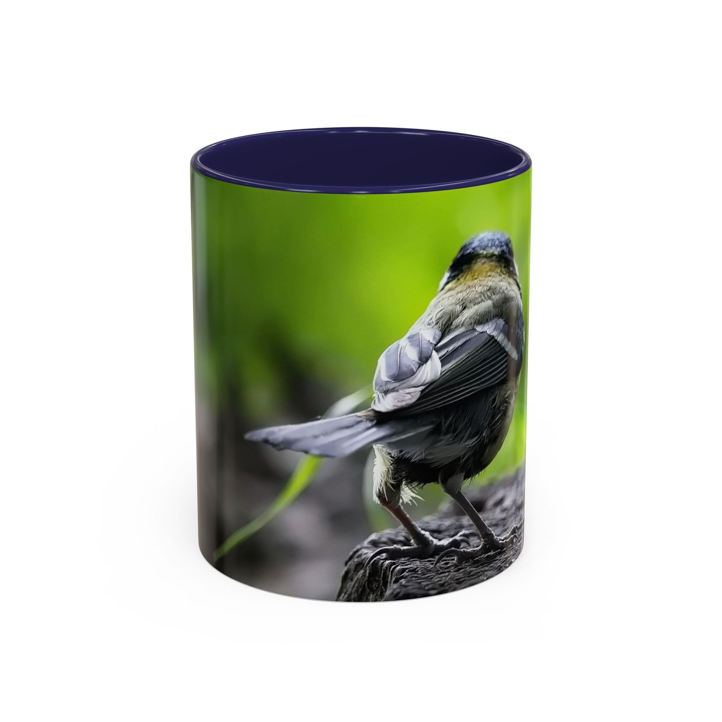 Ceramic 325ml bird photography accent coffee mug with a navy handle and navy inside.